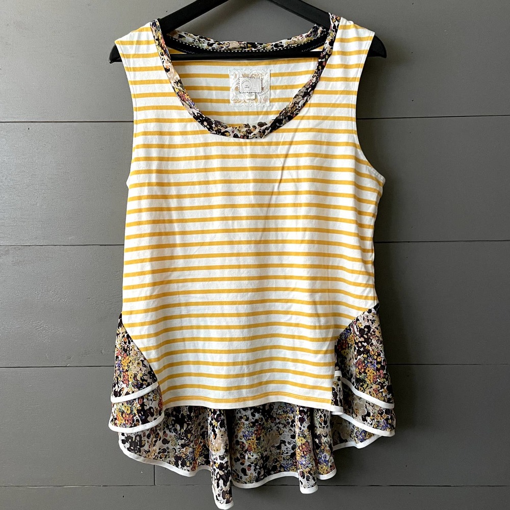 Anthropologie Postmark Flutter Yellow Stripe Floral Tank Top Blouse Size L